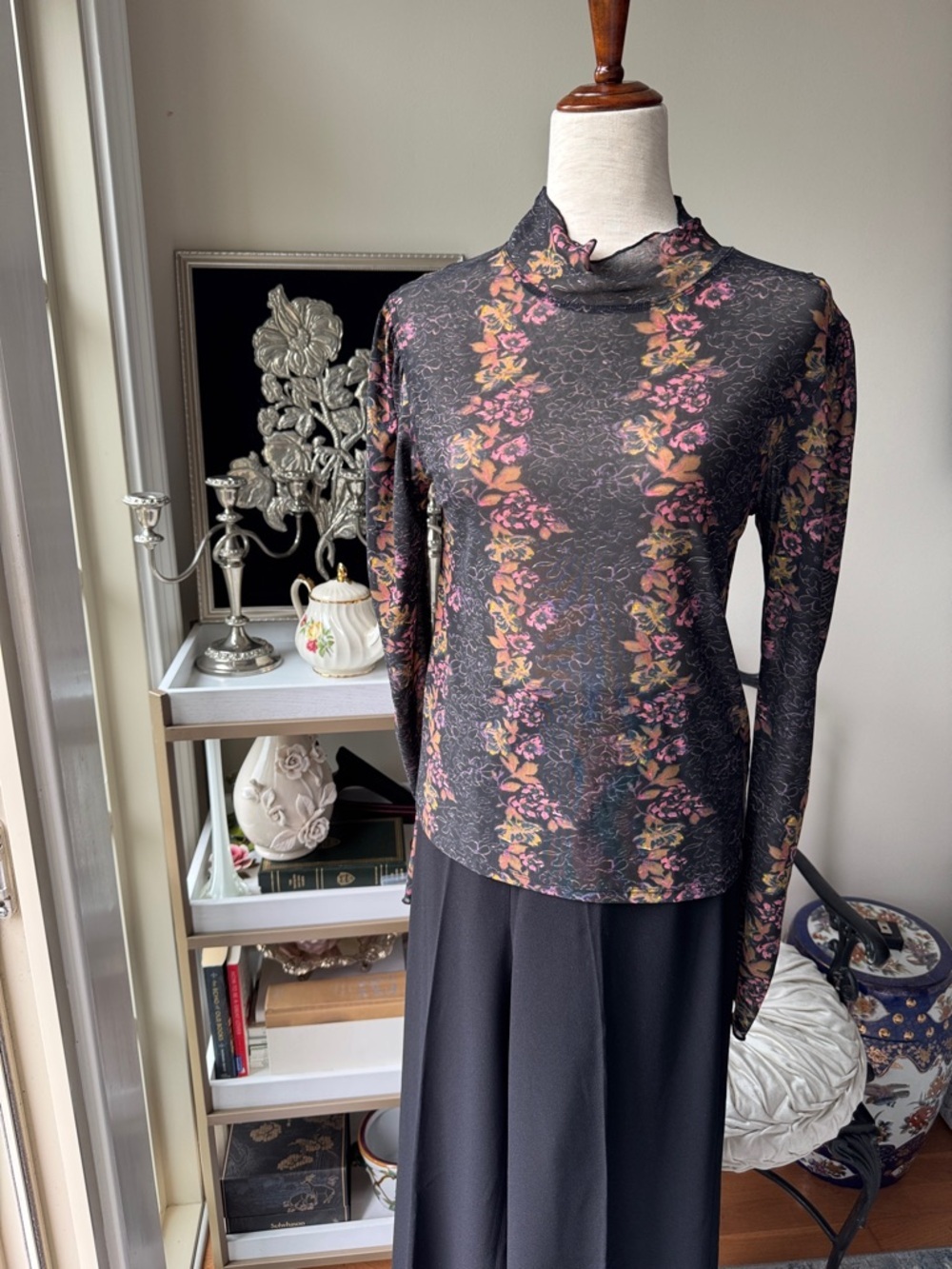 Free People Black Floral Mock Neck Long Sleeve Top with Pink & Yellow Accents
